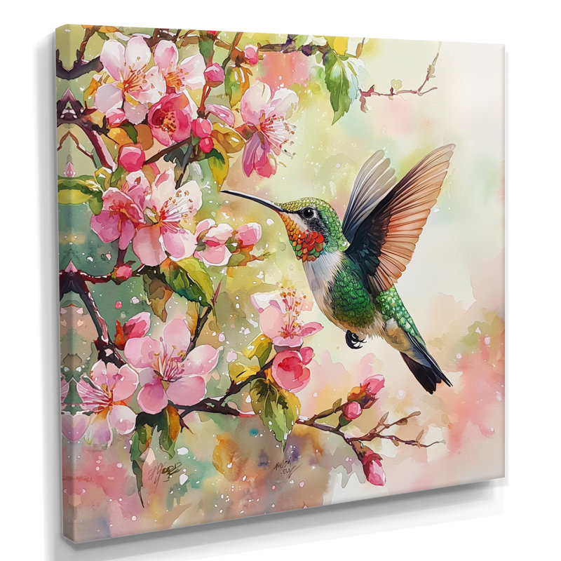 Colibri dans les fleurs II - Art mural colibri, H 36 po x l 36 po, Toile tendue, Ne s’applique pas