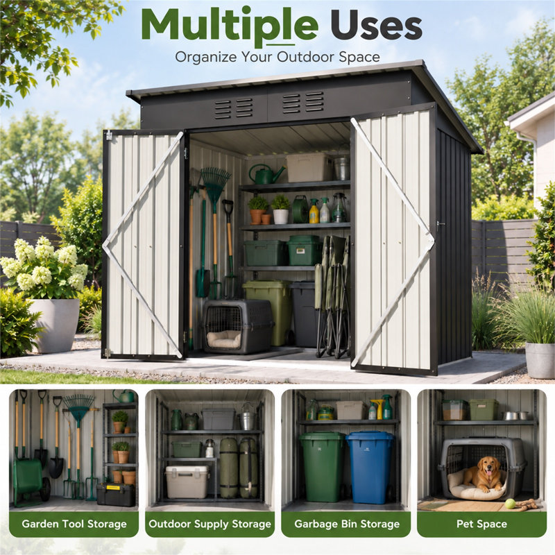 6 x 4 Ft Outdoor Metal Storage Shed with Lockable Double Doors, Vent Slots and Sloped Roof, Black