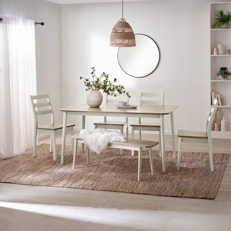 Rubberwood Solid Wood Dining Set, 6 Pieces: Table, 4 Chairs, Bench
