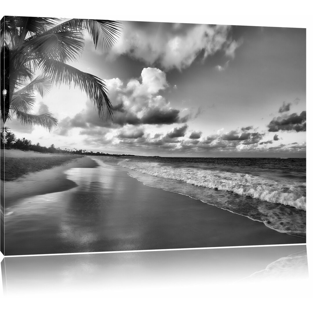 Leinwandbild Strand Meer Sonnenuntergang Steine Sand   in Monochrom