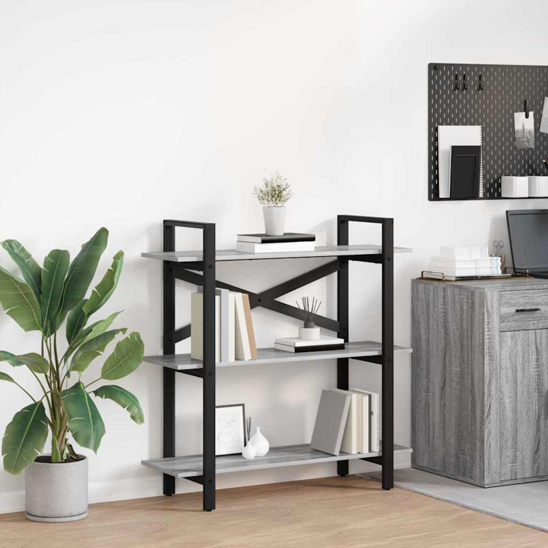 100 cm W Steel Etagere Bookcase, (3 Shelves) 102cm. H x 100cm. W x 33.5cm. D, Grey Sonoma