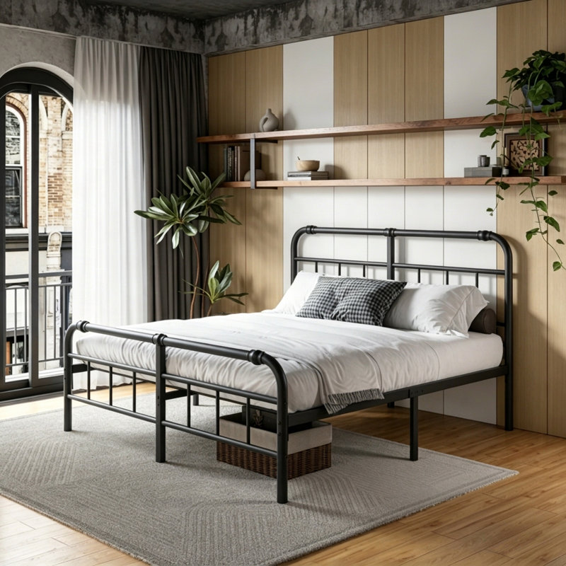 Structure de lit très grand en métal avec tête de lit, lit plateforme en acier robuste, aucun sommier requis, rangement sous le lit de 18 po, sommier anti-bruit, assemblage facile pour la chambre d'amis