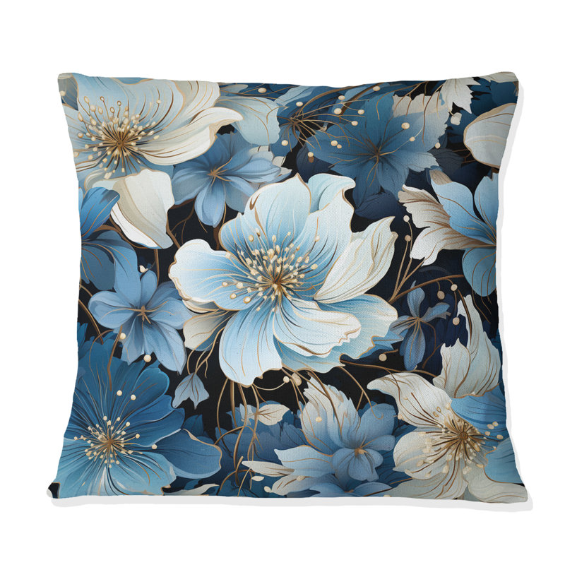 Coussin décoratif à imprimé floral bleu et blanc, H 18 po x l 18 po