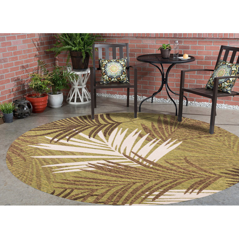 Tapis intérieur / extérieur en polypropylène floral vert / beige / brun Oonagh, Rond 5 pi 2 po