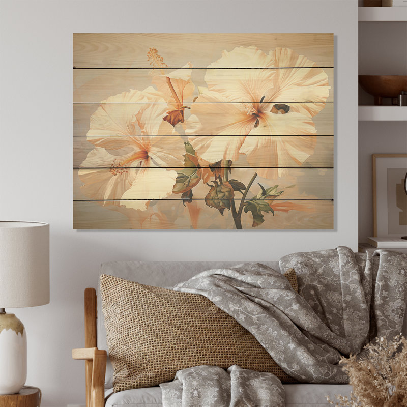 Peinture sur bois d'hibiscus beige - Hibiscus sur bois de pin naturel, H 10 po x l 20 po