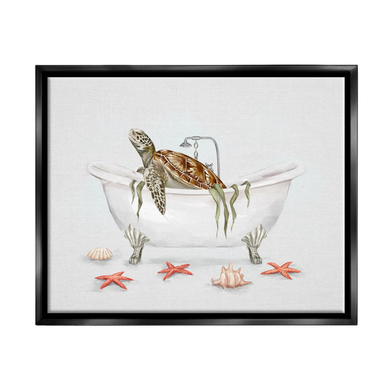 «Turtle Bathaign Sea Life Seaweed» par Ziwei Li, impression, H 25 po x l 31 po x P 1,7 po, Cadre flottant noir de jais