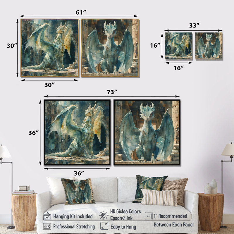 «Green Antique Ruins Dragon I - Dragons», art mural moderne 2 pièces, H 36 po x l 73 po, Impression encadrée flottante