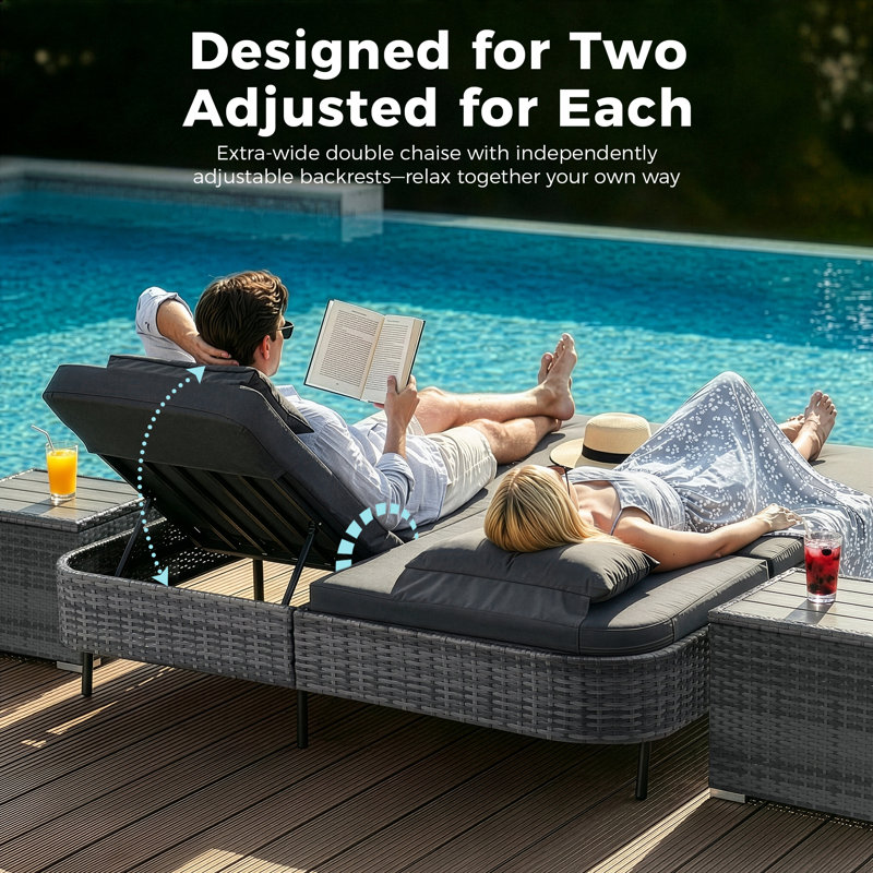 Outdoor Wicker Double Chaise Lounge Chair with Side Table & Cushions, Adjustable Reclining Back