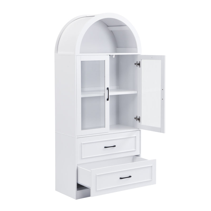 Armoire de rangement néo-classique arquée avec portes en verre trempé et tablettes fixes Fleeton, White, 2