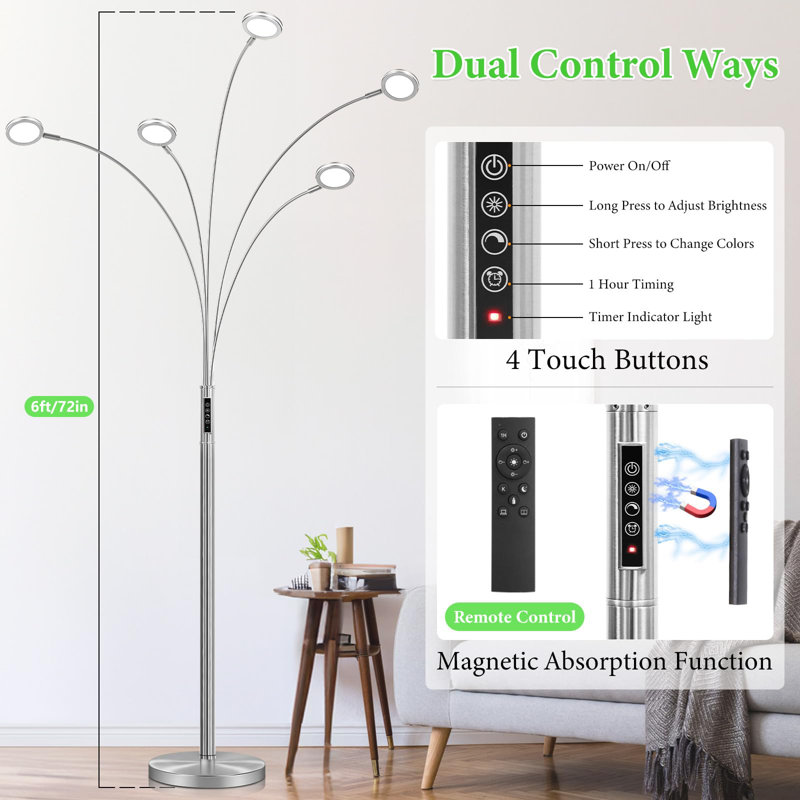 LED Arc Floor Lamp With Remote, 2250LM Dimmable Floor Lamp With Timer, Adjustable Colors, Brightness & 5 Adjustable Arm