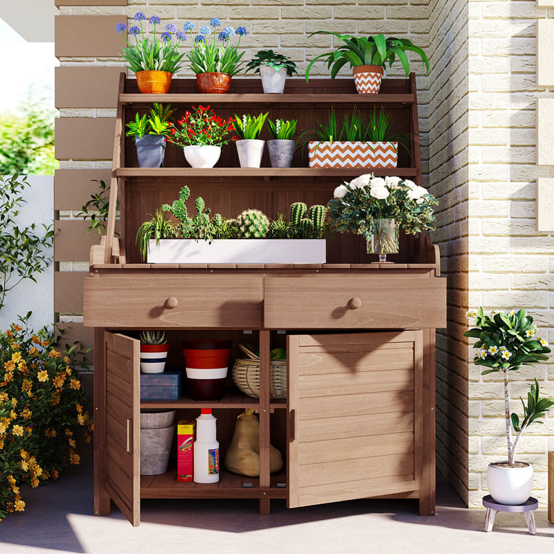 Table de jardin avec 2 tiroirs, 2 armoires et tablettes de rangement, Brun