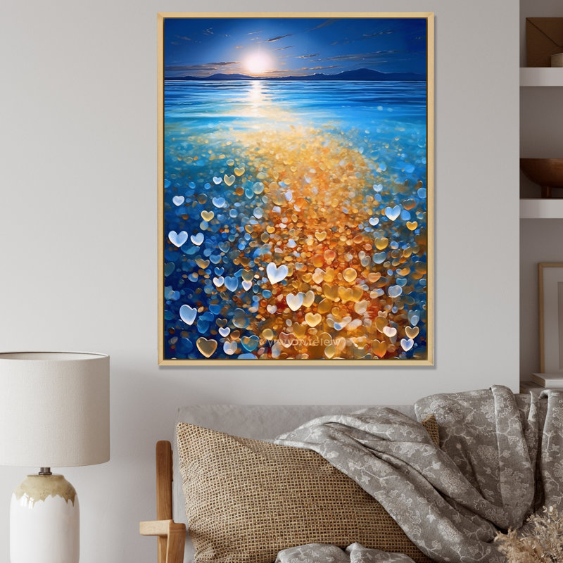Petits cœurs sur la plage tropicale de la pleine lune, H 40 po x l 30 po x P 1,5 po, Cadre naturel flottant