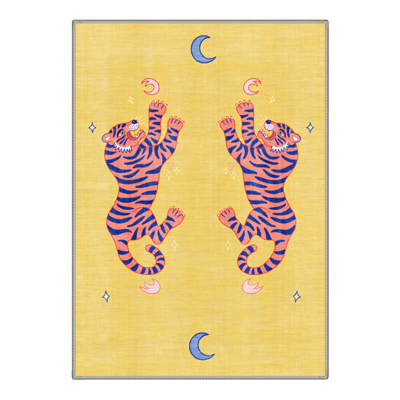 Tigris Animal Yellow Area Rug for Kids, Washable Rug with Non-Slip Backing, Rectangle 9' x 12'