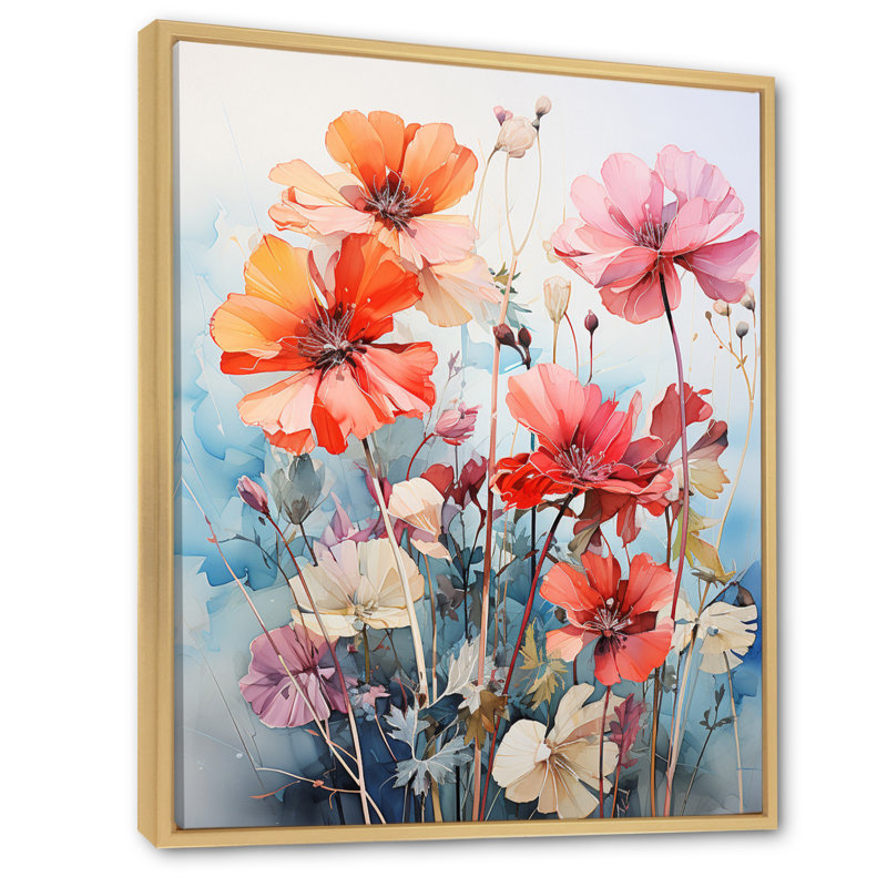 Coral Geraniums Garden Symphony III - Art mural sur toile floral et botanique, Cadre naturel flottant