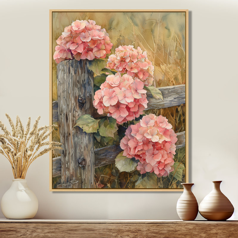 Farm Hydrangeas By The Fence I - Hydrangea, reproduction d'art sur toile, H 40 po x l 30 po, Reproduction avec cadre flottant