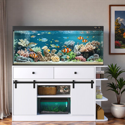 Support d'aquarium avec lumière DEL, prises de courant, portes cannelées coulissantes, 2 tiroirs, 2 grandes armoires et tablettes de rangement