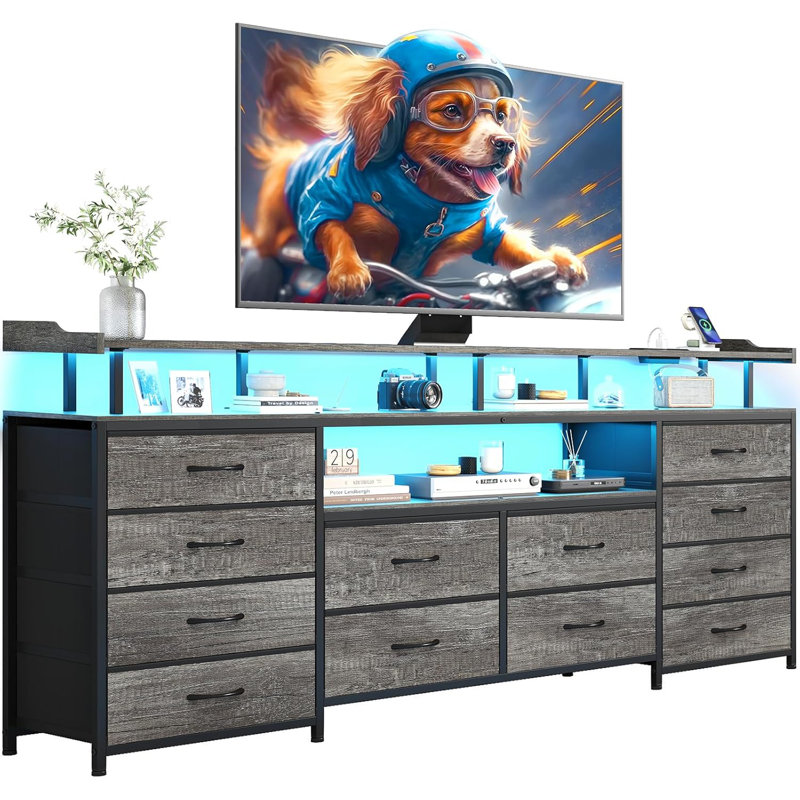 63" Large Tv Stand Dresser With  12 Drawers  For 65/70 Inch Tv, Entertainment Center With Led Lights & Power Outlets & Tv Console For Bedroom