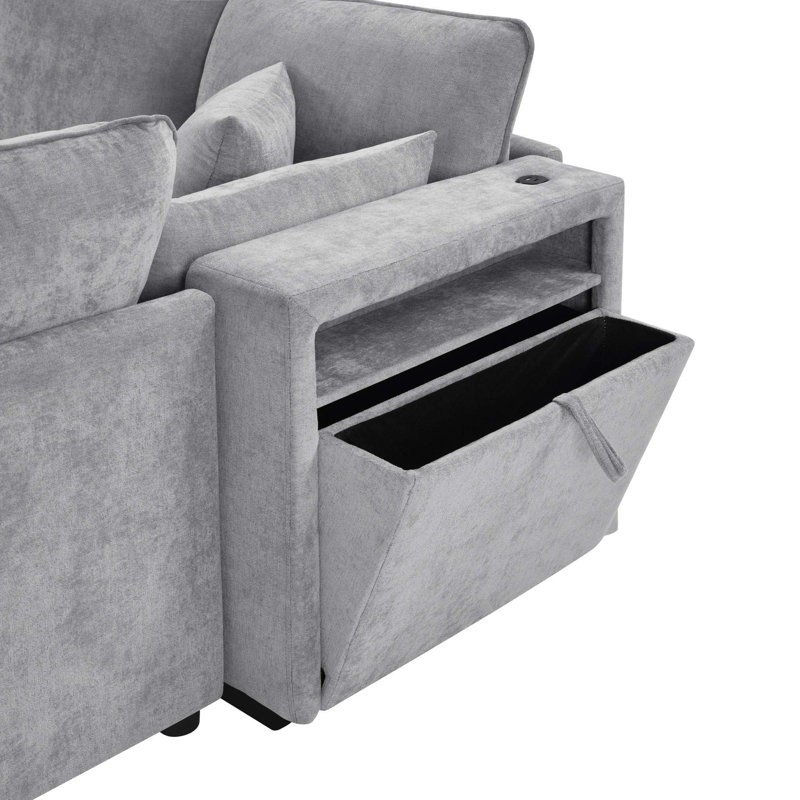 Canapé modulaire moderne en forme de U avec repose-pieds mobile, accoudoirs de rangement et ports USB, gris, Grey