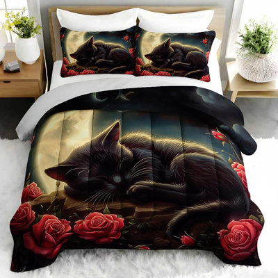 Ensemble d'édredon Mystical Cat Moon Rose, ensemble de literie enchanteur avec 2 taies d'oreiller, literie douce et lavable à la machine, édredon toutes saisons