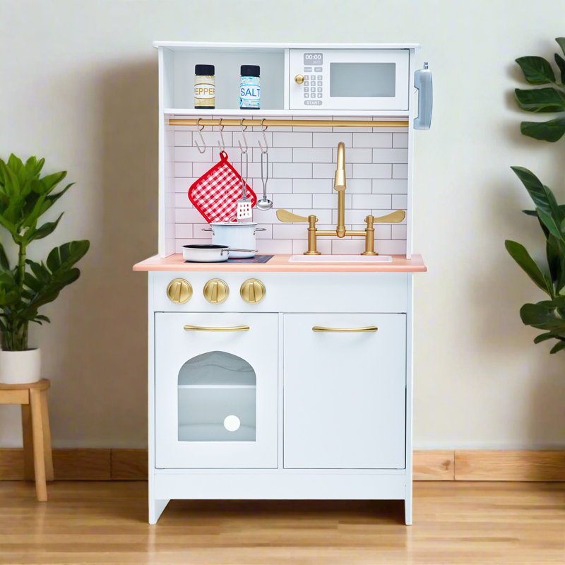 Teamson Kids Little Chef Boston Wooden Pretend Play Kitchen Set with Oven, Microwave and Acessory Set, White