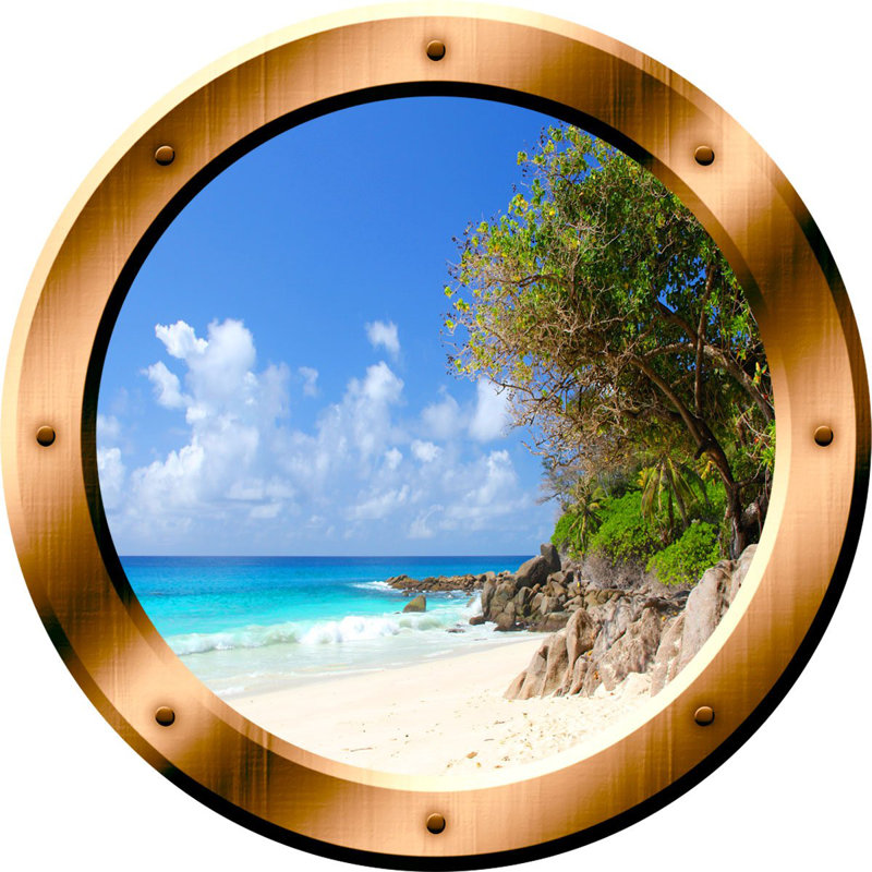 Décalcomanie murale hublot îlot beach view 3d, H 14 po x l 14 po x P 0,01 po, Couleur