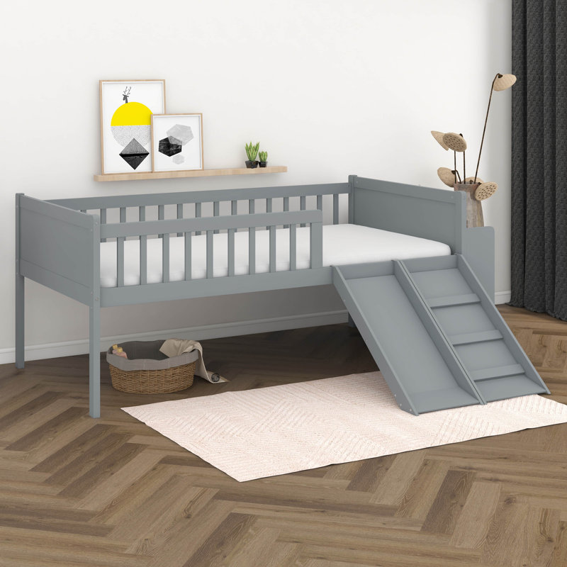 Structure de lit simple avec glissière, échelle et garde-corps - Lit plateforme en bois avec tablette de rangement et espace sous le lit