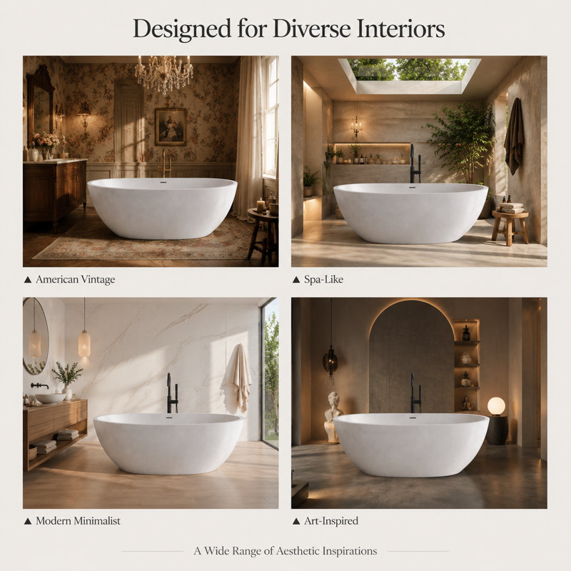 62.8" x 30.3" Bone Concrete Oval Deep Soaking Freestanding Bathtub, White 