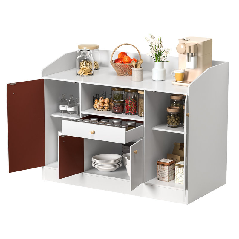 Buffet Modern Farmhouse, armoire de rangement à portes de grange avec tiroirs et tablettes, bar à café en bois avec rangement pour la cuisine, la salle à manger
