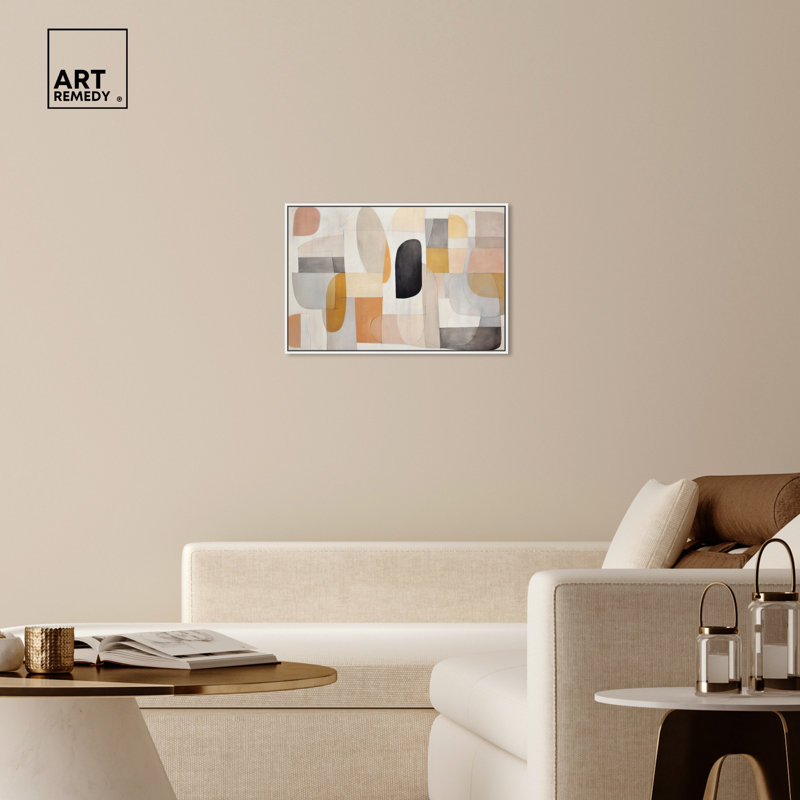 Eleanada Beige and White Abstract Canvas Wall Art with White Floater Frame
