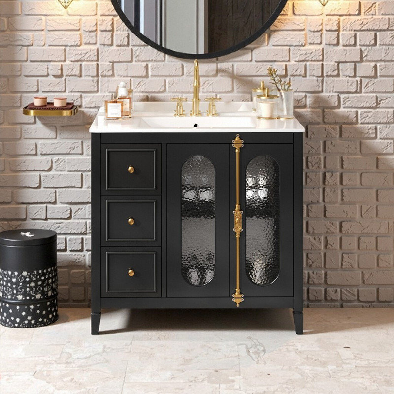 Meuble-lavabo moderne de 36 pouces avec lavabo en céramique, portes en verre translucide et grand espace de rangement