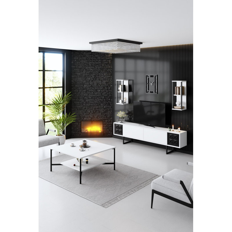Ensemble de mobilier de salon moderne (3 pièces), blanc et noir | 100% panneau de particules enduit de mélamine, meuble télé (70,9 x 11,8 x 18,9 po), table basse (31,5 x 31,5 x 15,7 po), tablette murale (8,7 x 8,3 x 23,6 po) | Pieds en métal durables, design élégant et fonctionnel