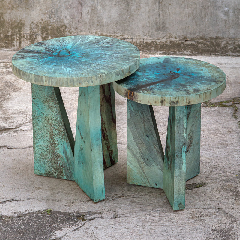 Tables gigognes rondes en bois massif Leonora, Bleu