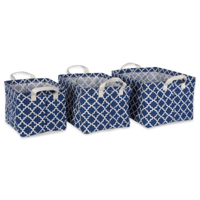 PE COATED COTTON/POLY LAUNDRY BIN LATTICE NAUTICAL BLUE RECTANGLE ASST SMALL SET/3