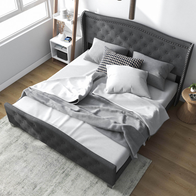 Danii Upholstered Wingback Bed, Full, Ivory