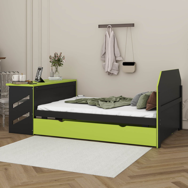 Full Size Wood Daybed With  Trundle, Built-In Desk, USB Charging Ports, Gaming Style Multifunctional Bed For Teens, Green