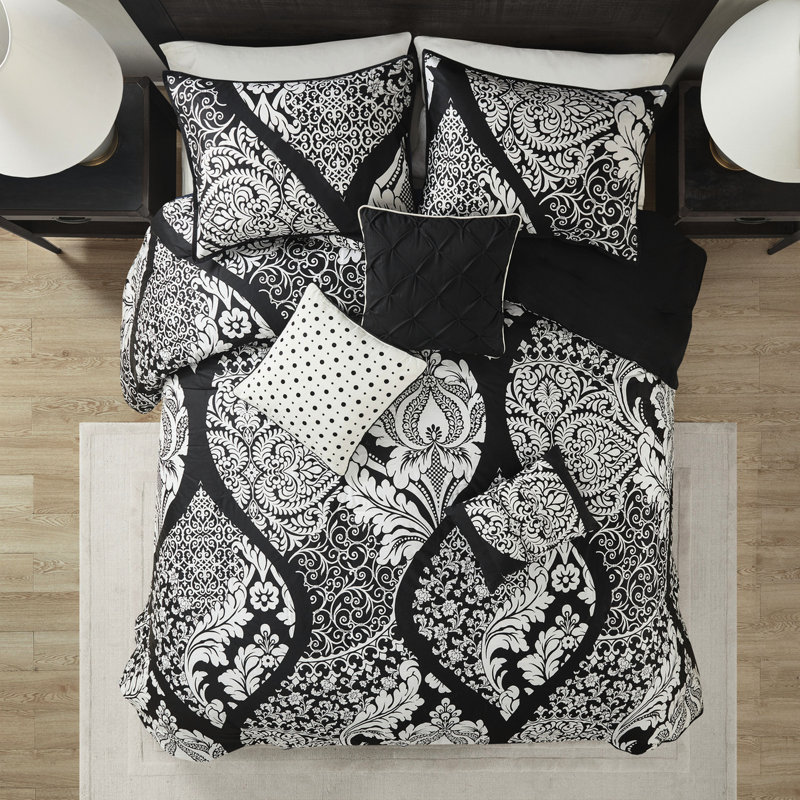 Ensemble de literie en coton 7 pièces - noir pour très grand lit avec magnifique tissu imprimé pour chambre à coucher, Noir