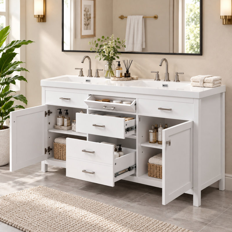 Meuble-lavabo double 59 po, comptoir en résine