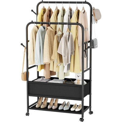 Portant à vêtements à double tringle avec roulettes et boîte de rangement, portemanteau pour suspendre les vêtements à 4 crochets, portemanteau portatif pour garde-robe pour chambre à coucher / salon, noir