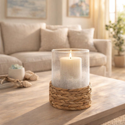 Modern Round Glass Hurricane Pillar Candle Holder with Woven Base for Tabletop Decor - Decorative Floor Holder Accent for Home Styling - Tan & Clear