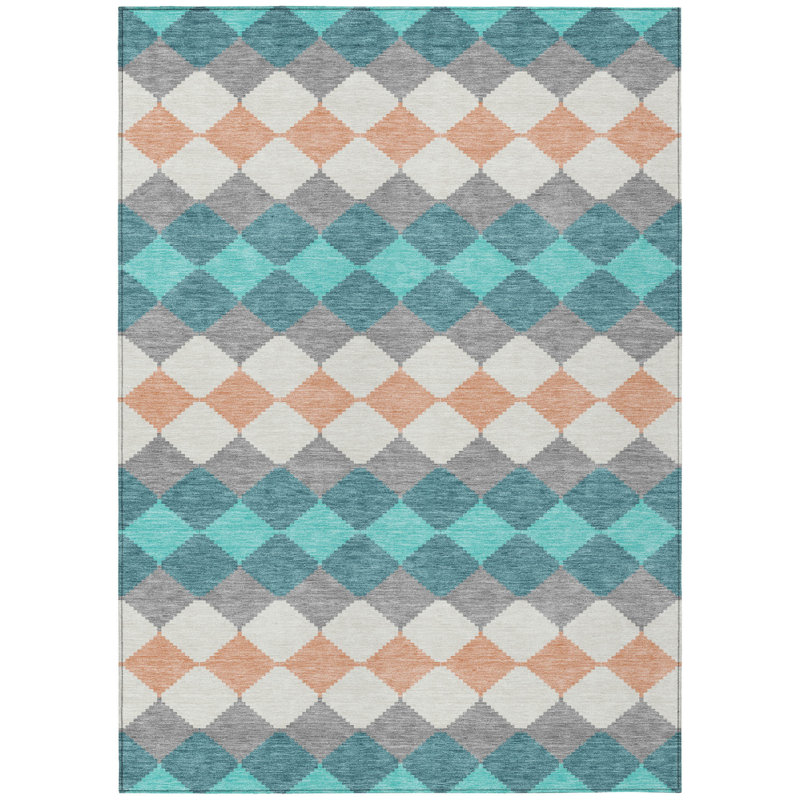 3' X 5' Teal Blue Gray And Copper Geometric Washable Indoor Outdoor Area Rug