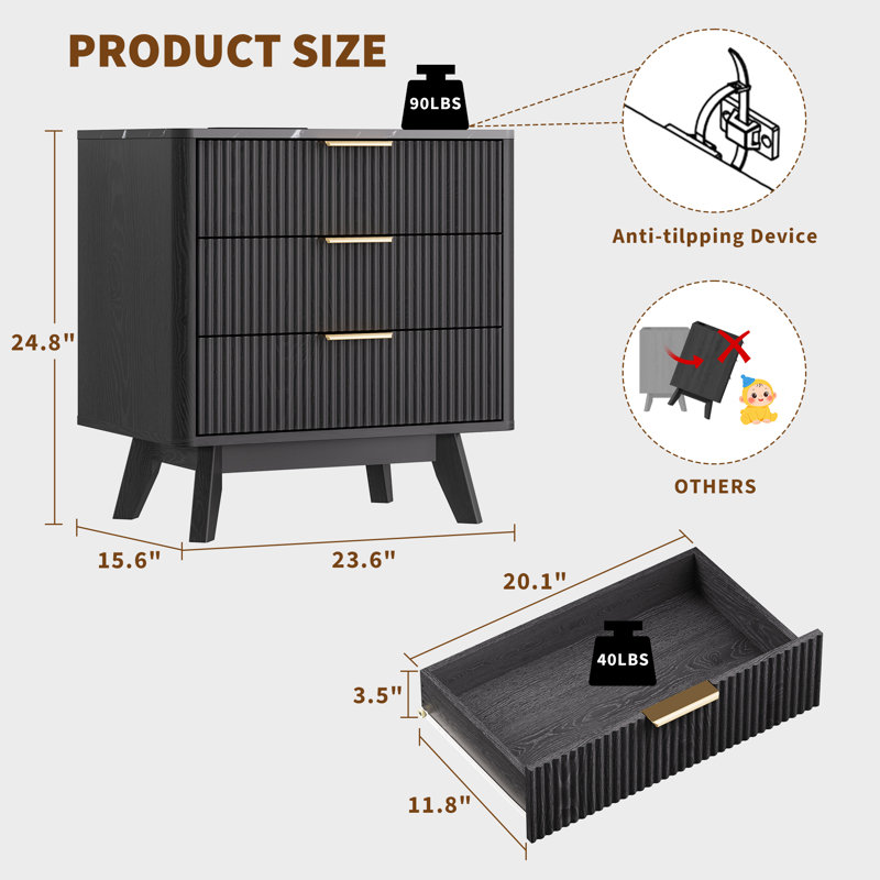 Ensemble de 2 tables de chevet en chêne clair avec station de recharge, style moderne du milieu du siècle, à 3 tiroirs, noires