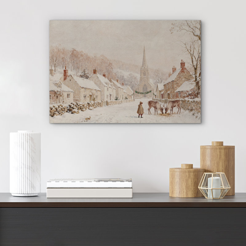 «Vintage Christmas Village with Reindeer Scene», reproduction d'art sur toile, Toile tendue, Ne s’applique pas