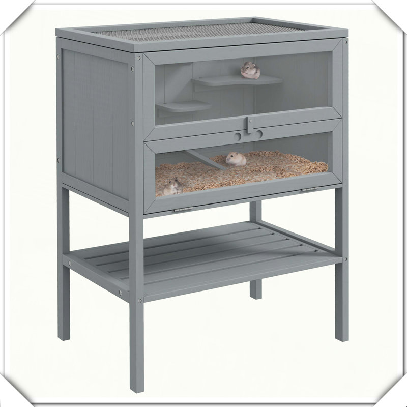 Cage à hamster en bois à 3 niveaux avec tablette de rangement, Gris