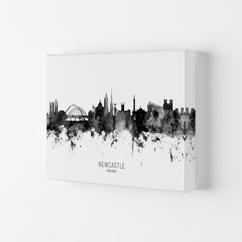 Newcastle England Skyline Black White City Name by Michael Tompsett - Print, 29.7cm H x 42cm W x 4cm D, Wrapped Canvas