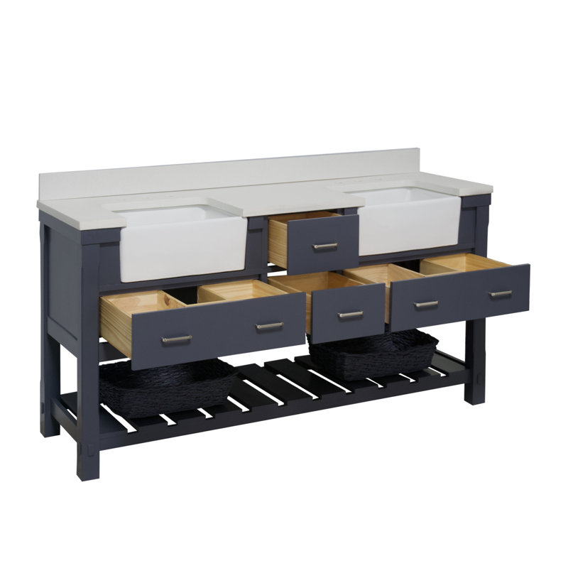 Hitton 72'' Double Bathroom Vanity with Top, Quartz, Marine Gray