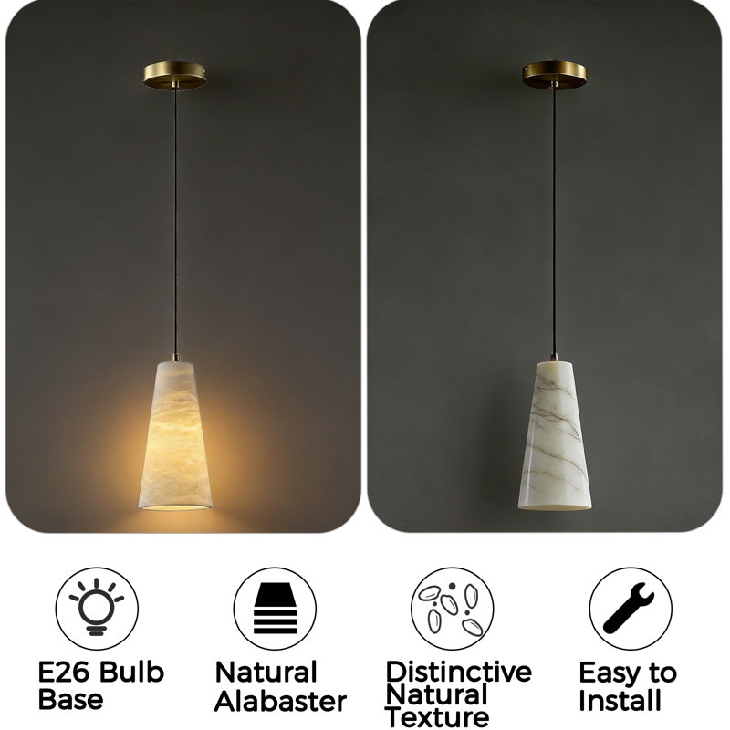 Lyra Natural Alabaster Pendant - Hand-Carved Conical Stone Light | Modern Luxury "Glow" for Kitchen Island, Bedside & Foyer (Gold Finish, Height Adjustable)