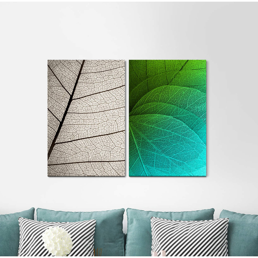 2-tlg. Leinwandbilder-Set - Grafikdruck „Leaves Plant Grey Green Light Leaf”