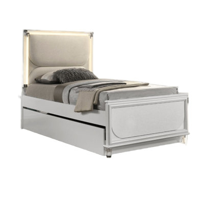 Lit double blanc perle pleine grandeur de style contemporain, cadre avec tube en acrylique à DEL sur la tête de lit, cadre de style accessoire de chambre à coucher, tête de lit en bois et faits saillants