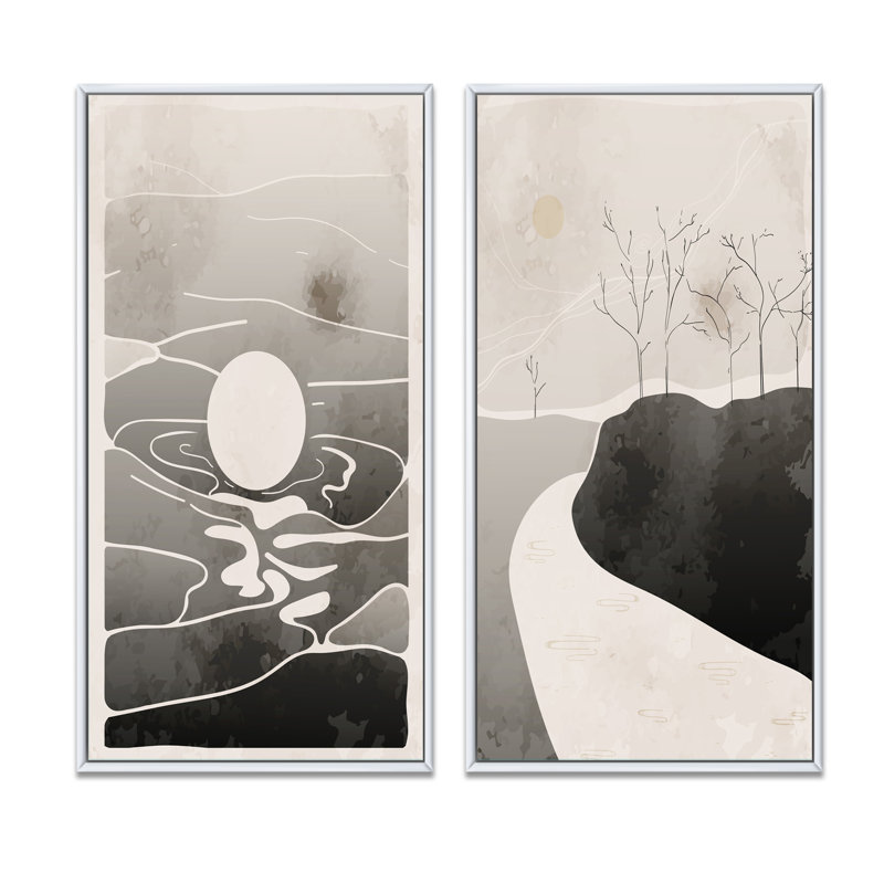 Monochromes japonais rétro, paysage I - ensemble de 2 peintures, H 40 po x l 40 po x P 1,5 po, Toile avec cadre blanc