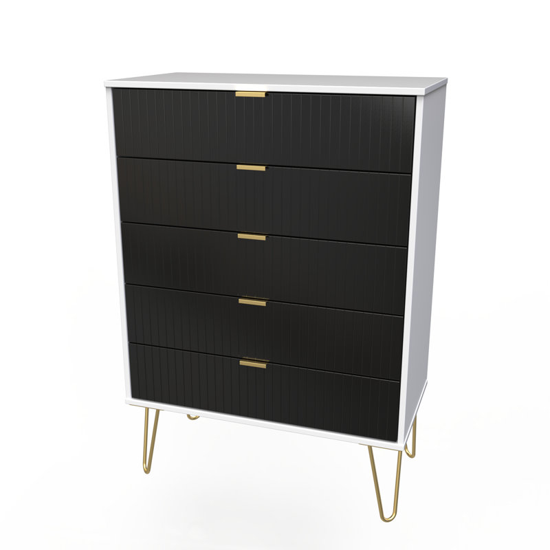 Fully Assembled Aliziah 5 - Drawer Chest of Drawers, Deep Black/White